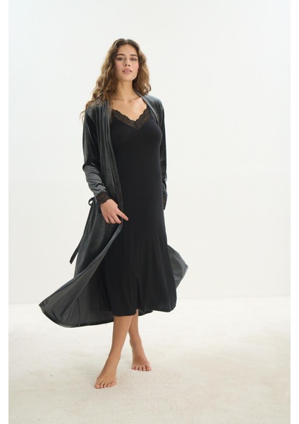 Kadın Siyah Kadife Gecelik & Sabahlık Takım C0T2N2O61 modelleri