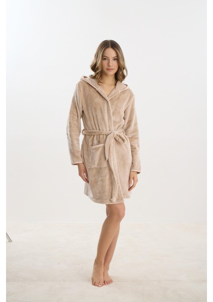 Kadın Kısa Kapüşonlu Süpersoft Bej Sabahlık C9T4N2O61