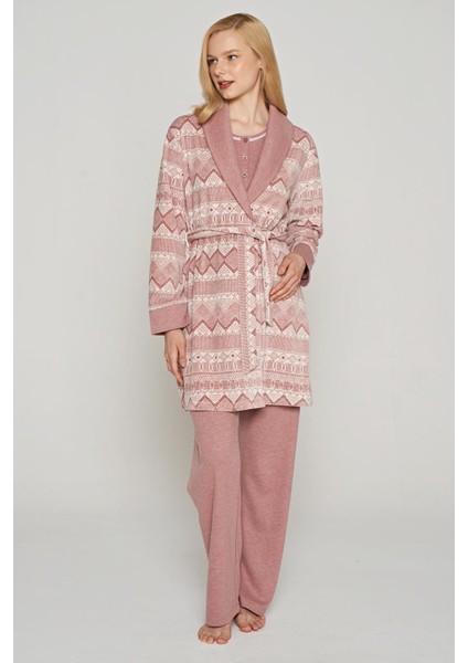 Kadın 3 Lü Kadife Sabahlıklı Gül Kurusu Lohusa Takım C1T0N1O5