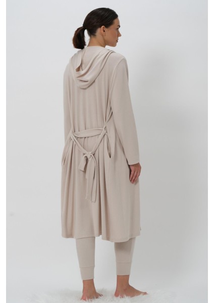Kadın Kapüşonlu Ekru Sabahlık Yumuşacık CTN82