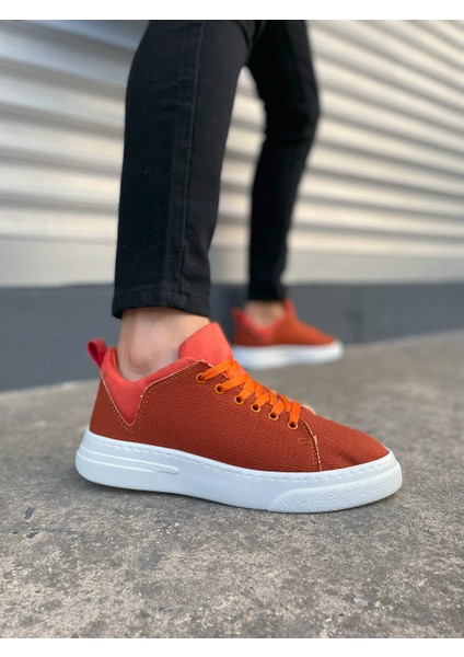 JY204 Flex Bağcıklı Keten Erkek Günlük Sneaker - Turuncu