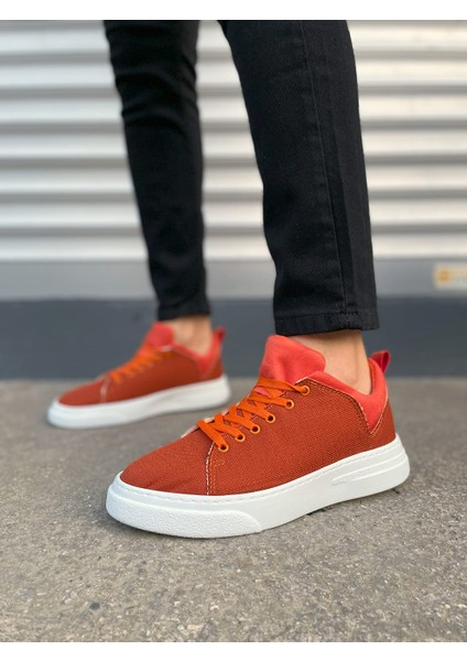 JY204 Flex Bağcıklı Keten Erkek Günlük Sneaker - Turuncu