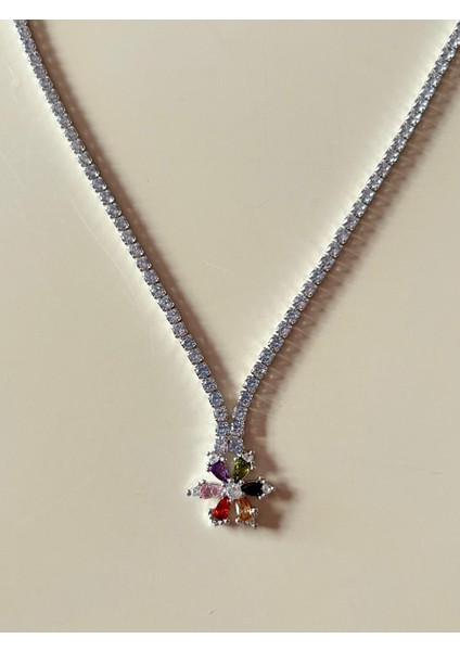 Renkli Taşlı, Çiçek Figürlü, Silver Kolye – Tam Tur, Zirkon Kaplama, Paslanmaz Çelik, 45 cm