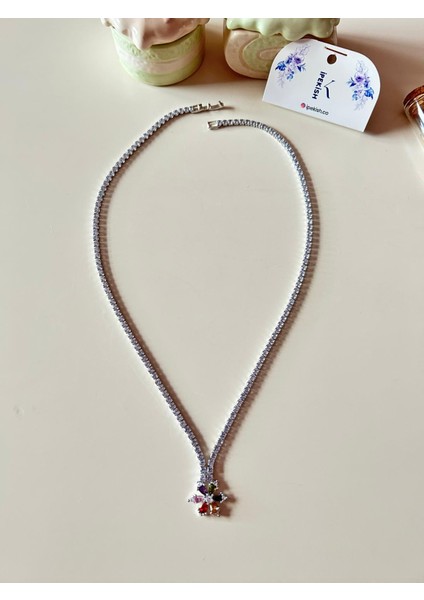 Renkli Taşlı, Çiçek Figürlü, Silver Kolye – Tam Tur, Zirkon Kaplama, Paslanmaz Çelik, 45 cm fiyatları