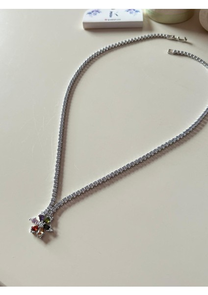 Renkli Taşlı, Çiçek Figürlü, Silver Kolye – Tam Tur, Zirkon Kaplama, Paslanmaz Çelik, 45 cm modelleri