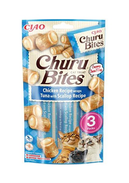 Churu Bites Tavuk Sargılı , Ton Balıklı ve Somonlu Kedi Ödül Maması 3 x 10 gr