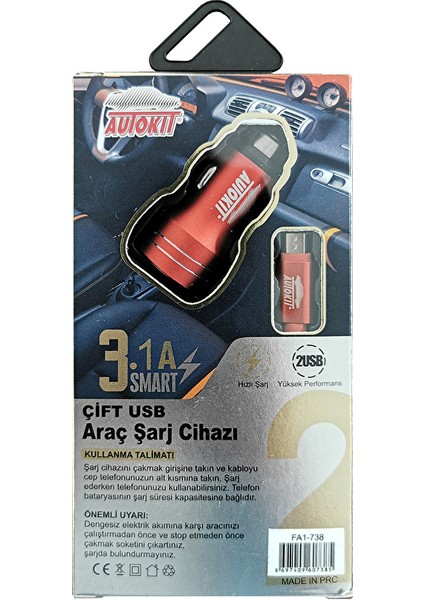 Metal Araç Şarjı 3.1 Amper 2 USB Giriş Micro