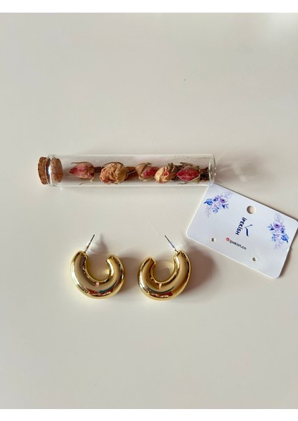 Çivi Model Gold Renk Orta Boy Kalın Yarım Halka Küpe – Modern, Zarif ve Paslanmaz Çelik