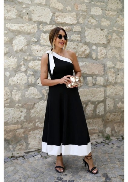 Kadın Tek Omuzu Açık Omuzlardan Kurdela Detaylı Çift Renkli Ithal Krep Elbise fırsatları