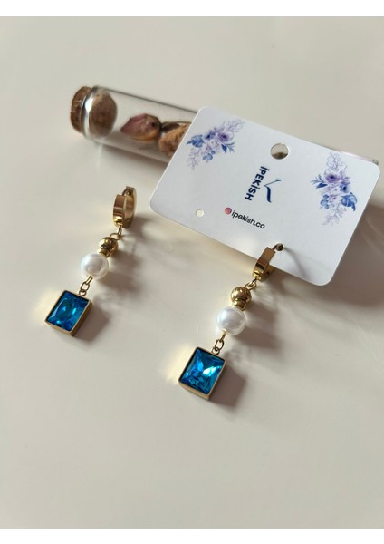 Büyük Mavi Taş ve Inci Sallantılı Gold Renk Orta Boy Halka Küpe – Paslanmaz Çelik