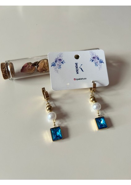 Büyük Mavi Taş ve Inci Sallantılı Gold Renk Orta Boy Halka Küpe – Paslanmaz Çelik fiyatları