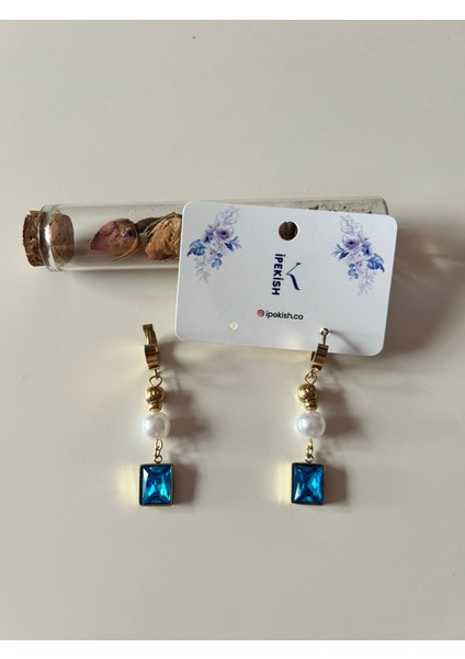 Büyük Mavi Taş ve Inci Sallantılı Gold Renk Orta Boy Halka Küpe – Paslanmaz Çelik modelleri