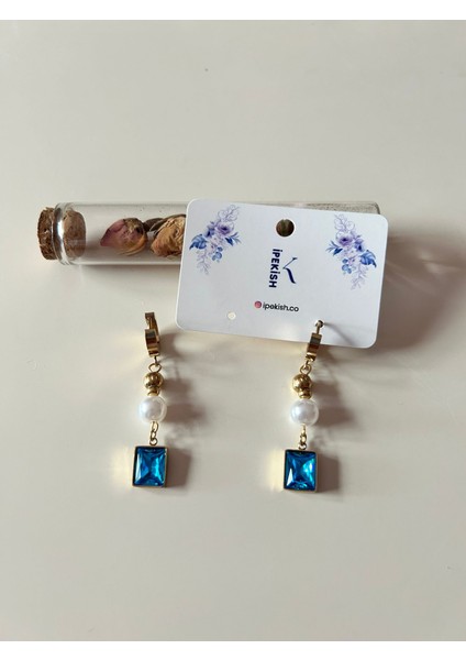 Büyük Mavi Taş ve Inci Sallantılı Gold Renk Orta Boy Halka Küpe – Paslanmaz Çelik fırsatları