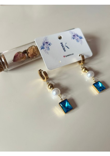 Büyük Mavi Taş ve Inci Sallantılı Gold Renk Orta Boy Halka Küpe – Paslanmaz Çelik indirimleri