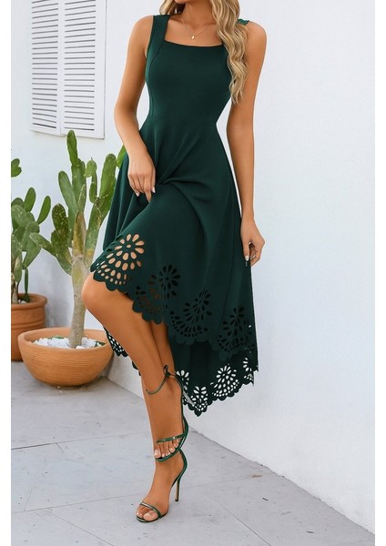 Kadın Askılı Geometrik Yaka Çiçek Lazer Kesim Ithal Krep Elbise