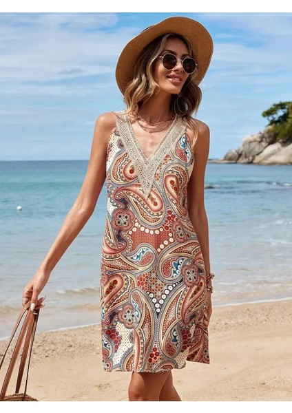 Kadın Kısa Kollu Dantel V Yakalı Desenli Süprem Elbise fırsatları