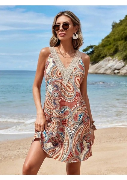 Kadın Kısa Kollu Dantel V Yakalı Desenli Süprem Elbise indirimleri