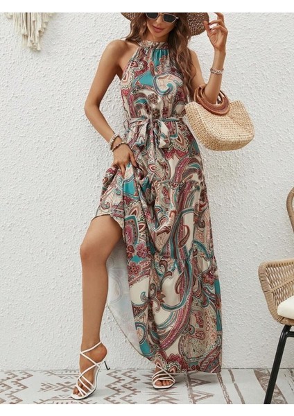 Kadın Halter Yakalı Omuzlardan Açık Kuşaklı Maksi Boy Desenli Süprem Elbise modelleri