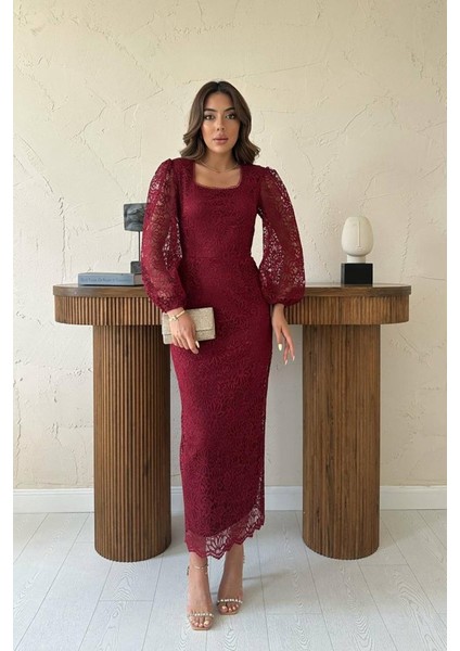Bordo Güpür Detaylı Dantel Elbise fiyatları