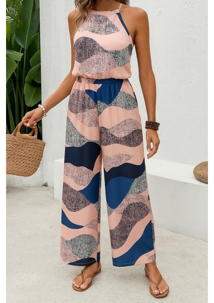 Kadın Omuzlardan Açık Boyundan Geçmeli Beli Lastikli Desenli Dalgıç Tulum