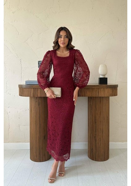 Bordo Güpür Detaylı Dantel Elbise