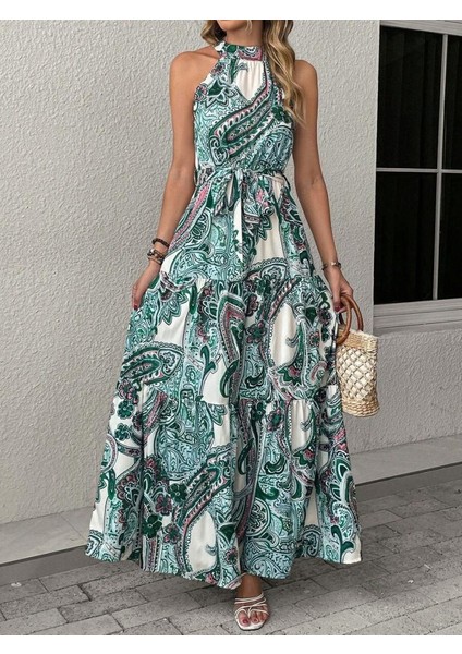 Kadın Halter Yakalı Omuzlardan Açık Kuşaklı Maksi Boy Desenli Süprem Elbise fiyatları