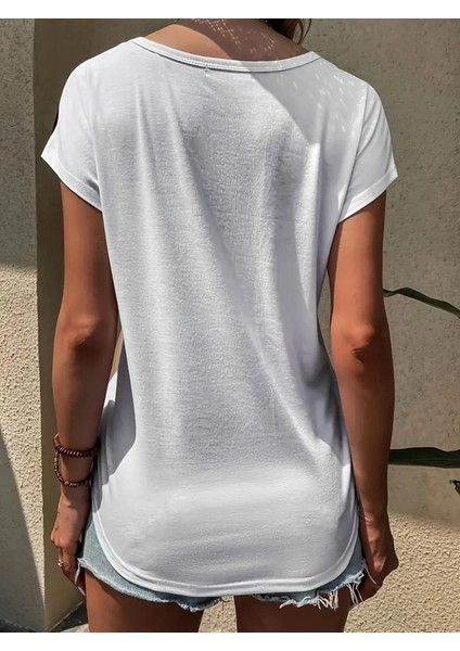 Kadın Bisiklet Yaka Üç Renk Viskon T-Shirt