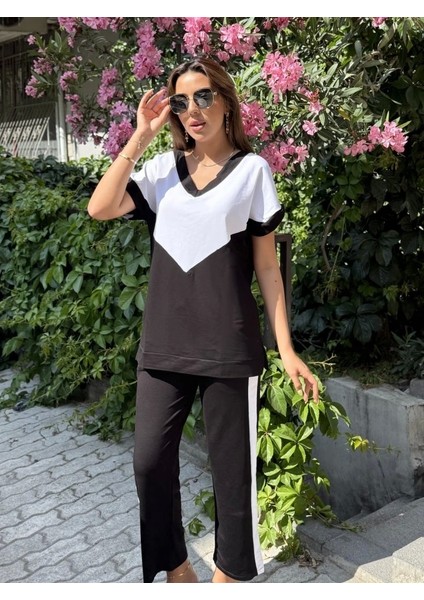 Kadın Kısa Kollu V Yaka Siyah Beyaz Renkli Viskon Iki Iplik Kumaş Eşofman Takımı fiyatları