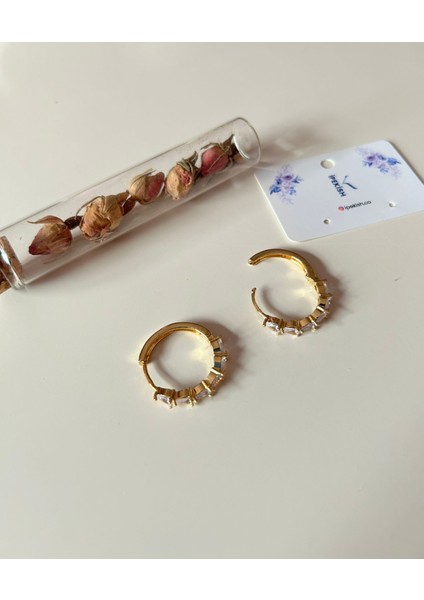 Gold Renk Zirkon Taşlı Yarım Tur Paslanmaz Çelik Halka Küpe fiyatları