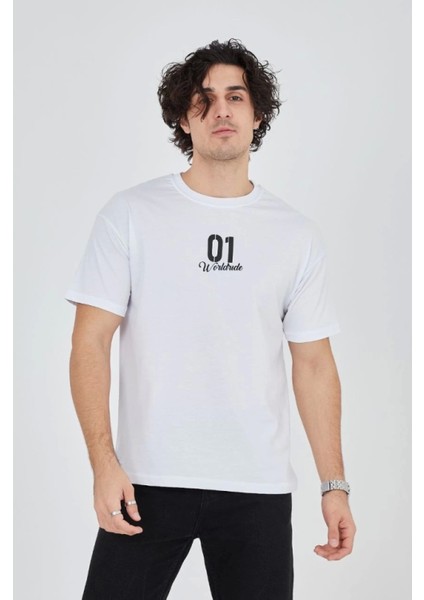 Erkek Bisiklet Yakalı Baskılı T-Shirt - Beyaz