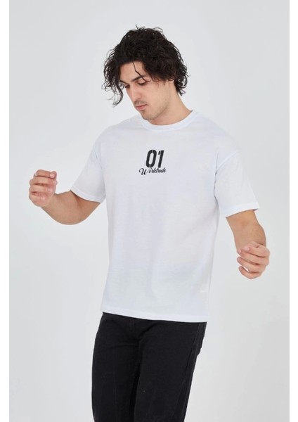 Erkek Bisiklet Yakalı Baskılı T-Shirt - Beyaz fiyatları