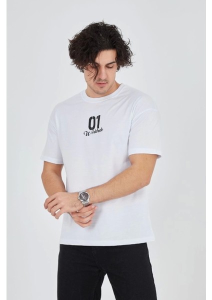 Erkek Bisiklet Yakalı Baskılı T-Shirt - Beyaz modelleri