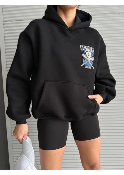 3 Iplik Şardonlu Oversize Compact Kafa Baskılı Sweat Siyah