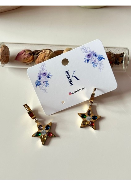 Gold Renk Renkli Taşlı Yıldız Figürlü Paslanmaz Çelik Halka Küpe