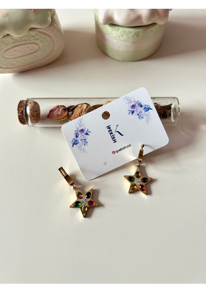 Gold Renk Renkli Taşlı Yıldız Figürlü Paslanmaz Çelik Halka Küpe fiyatları