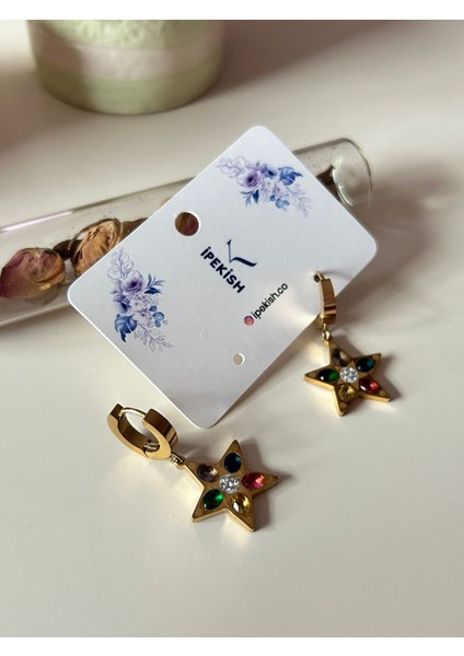 Gold Renk Renkli Taşlı Yıldız Figürlü Paslanmaz Çelik Halka Küpe modelleri