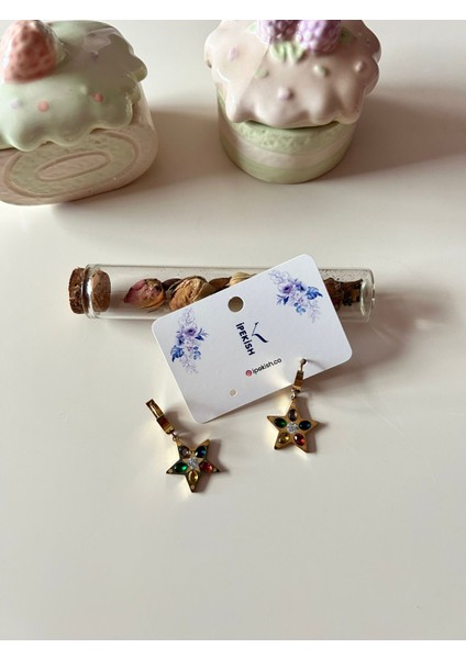 Gold Renk Renkli Taşlı Yıldız Figürlü Paslanmaz Çelik Halka Küpe fırsatları