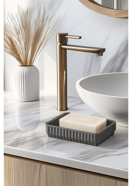 Lines Serisi Gri Banyo Seti, 5 Parça Akrilik Kare 5 Litre Çöp Kovası, Sabunluk, Fırçalık Takımı 3462