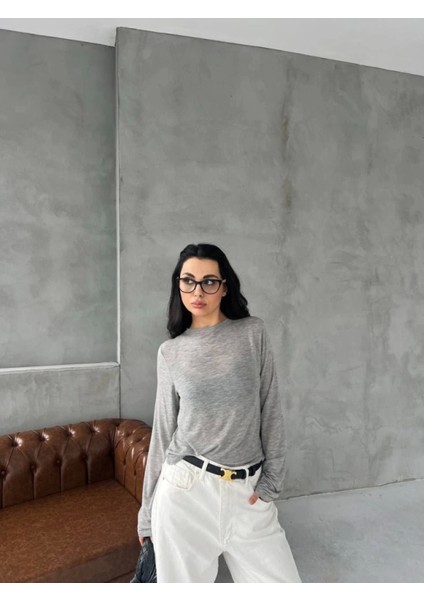 Bisiklet Yaka Uzun Kollu Crop - Gri