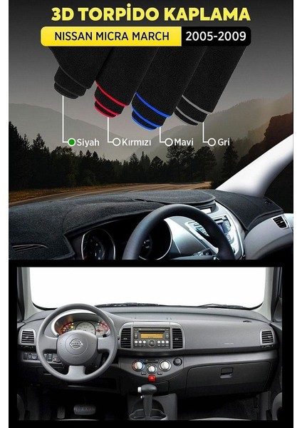 Nıssan Mıcra March (2005-2009) 3D Torpido Koruma Kılıfı - Ön Göğüs Kaplama - Siyah Şerit