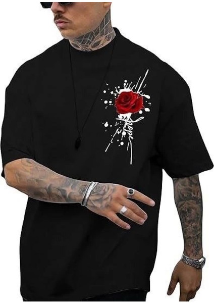 Erkek Bisiklet Yaka Kısa Kol Baskılı T-Shirt - Siyah