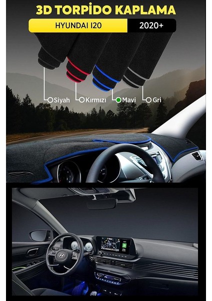 Hyundai I20 (2020 ) 3D Torpido Koruma Kılıfı - Ön Göğüs Panel Kaplama - Mavi Şerit