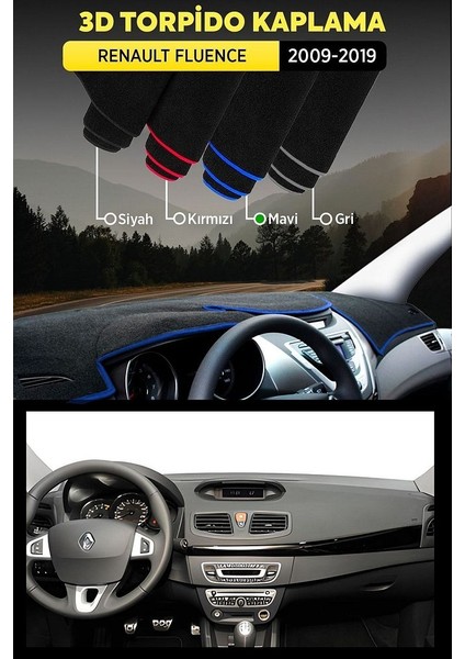 Renault Fluence (2009-2019) 3D Torpido Koruma Kılıfı - Ön Göğüs Kaplama - Mavi Şerit