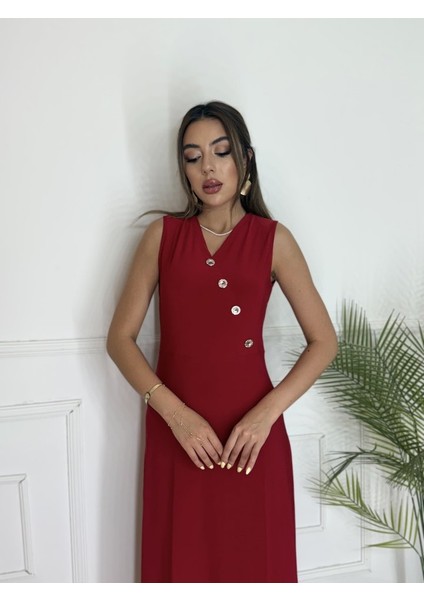 Kadın Düğme Detay Kolsuz Maxi Boy Elbise