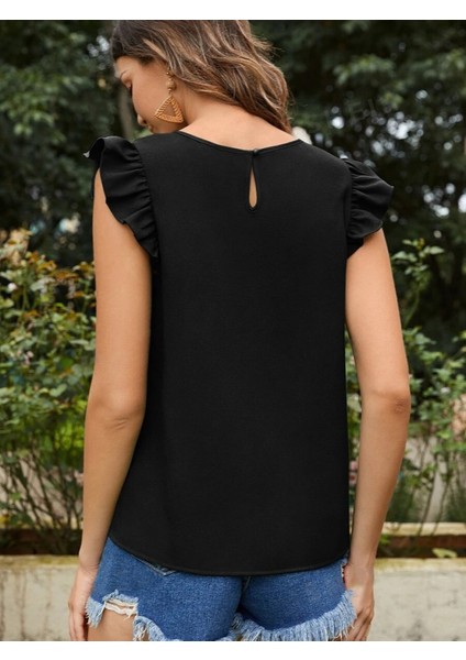 Kadın Yuvarlak Yaka Kolları Fırfırlı Krep Bluz modelleri