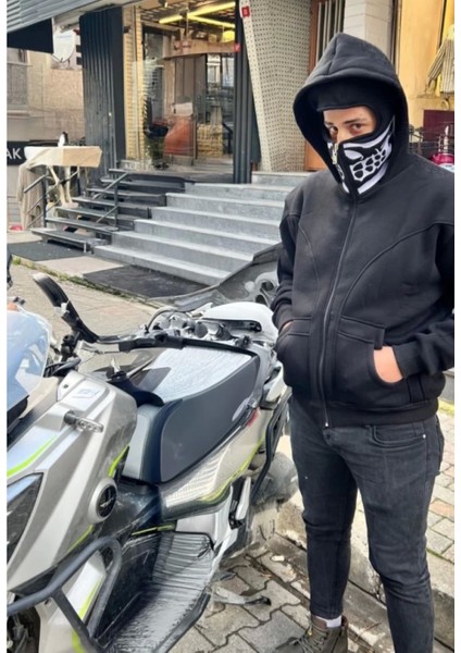 Samuray Kapşonlu Zıp Fermuarlı Çift Kapşonlu Nakışlı Sweatshirt- Siyah