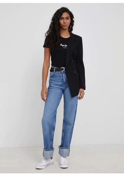 Bisiklet Yaka Baskılı Siyah Kadın T-Shirt PL505202