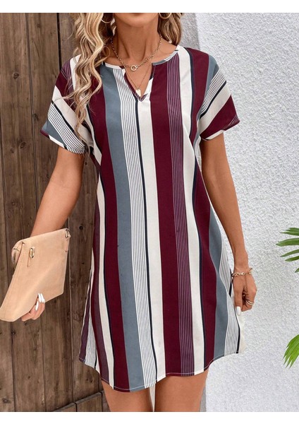 Aknbutik Kadın Kısa Kollu V Yakalı Çizgi Baskılı Süprem Elbise fiyatları