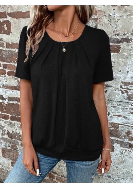 Kadın Kısa Kollu Yuvarlak Yaka Önden Pileli Salaş Viskon Bluz indirimleri
