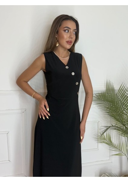Kadın Düğme Detay Kolsuz Maxi Boy Elbise